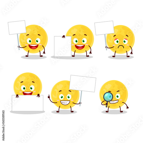 Yellow moon cartoon character bring information board