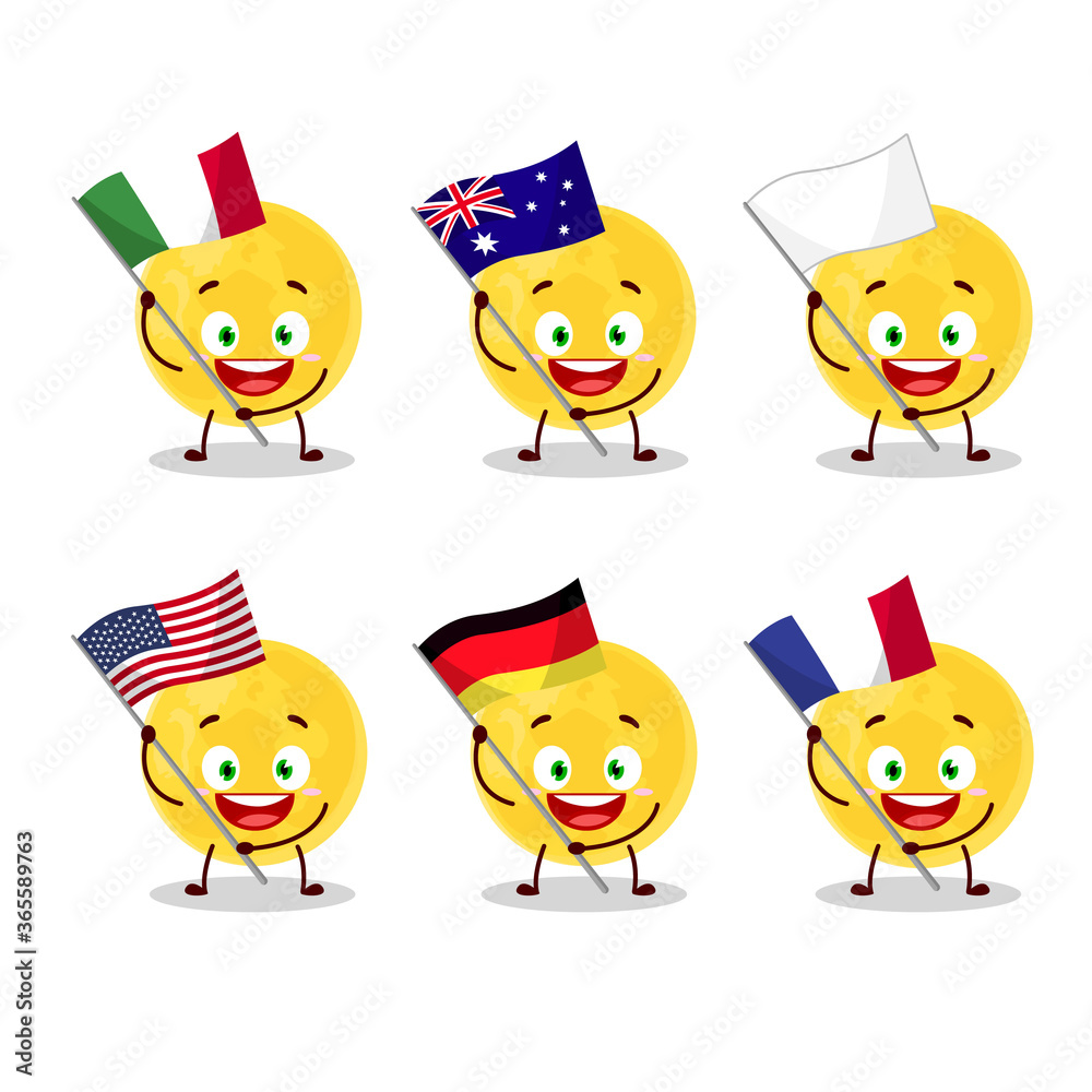 Yellow moon cartoon character bring the flags of various countries Yellow moon cartoon character bring the flags of various countries