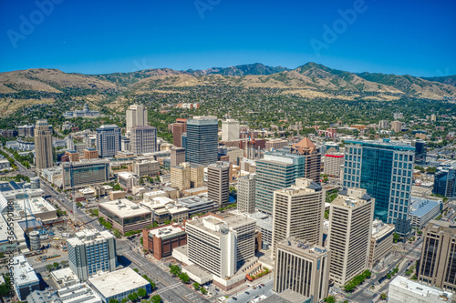 Aerial View of the Downtown Skyline of Salt Lake City  Capitol of Utah and the Mormon Religion