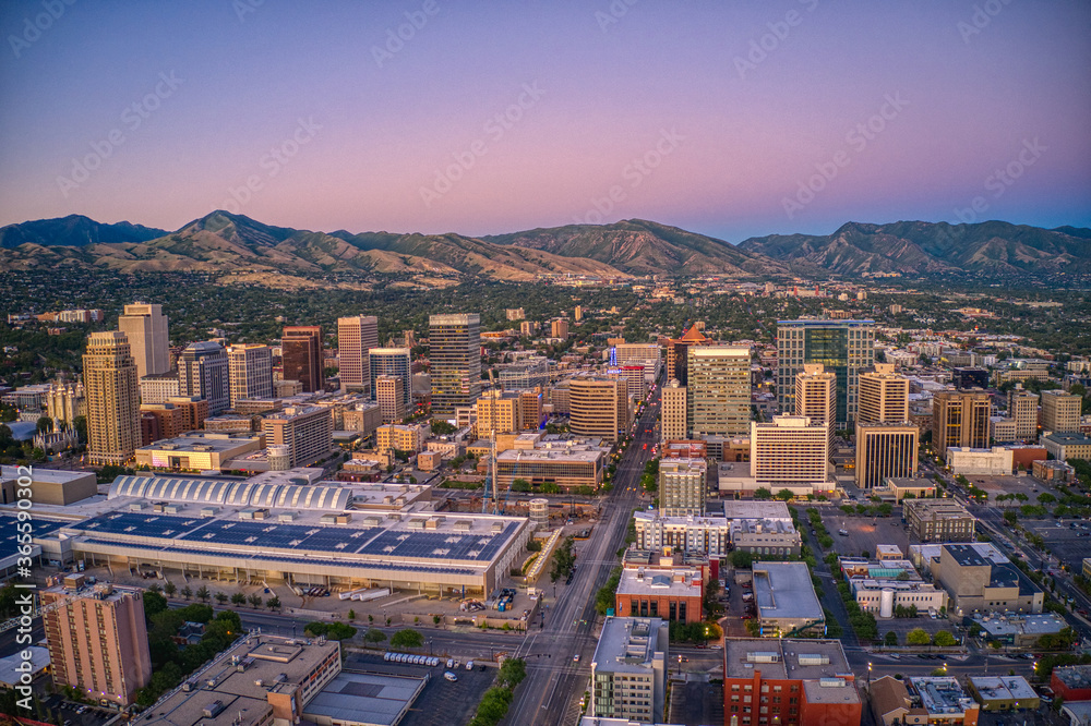 Aerial View of the Downtown Skyline of Salt Lake City, Capitol of Utah and the Mormon Religion