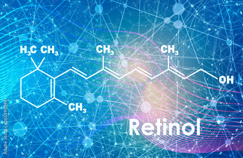 Vitamin A retinol molecule. Skeletal formula. Connected lines with dots background. Vitamin A retinol molecule. Skeletal formula. Connected lines with dots background.