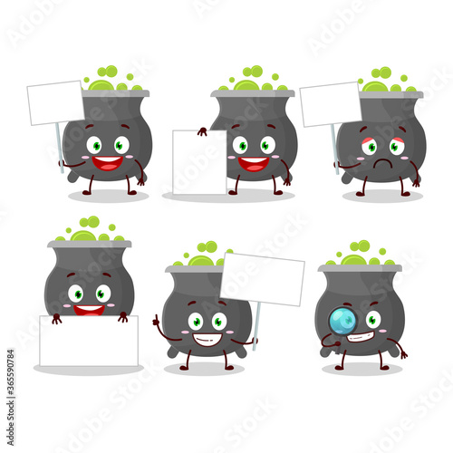 Cauldron cartoon with character bring information board