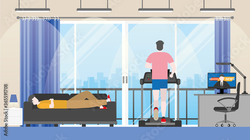 Couple LGBT stay at home. Lifestyle concept. One is running on the treadmill. The other one is lazy napping on the sofa.