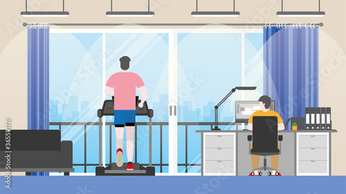 Couple LGBT stay at home. Lifestyle concept. One is running on the treadmill. The other one is working from home.