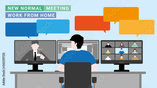 Stay at home. Lifestyle concept. The man is working and meeting by video conference. With three computer screens.