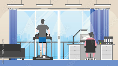 Stay at home. Lifestyle concept. The man is running on the treadmill. The woman is working from home.