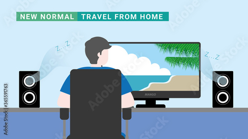 Stay at home. Lifestyle concept. The man is traveling to the beach on the computer screen.