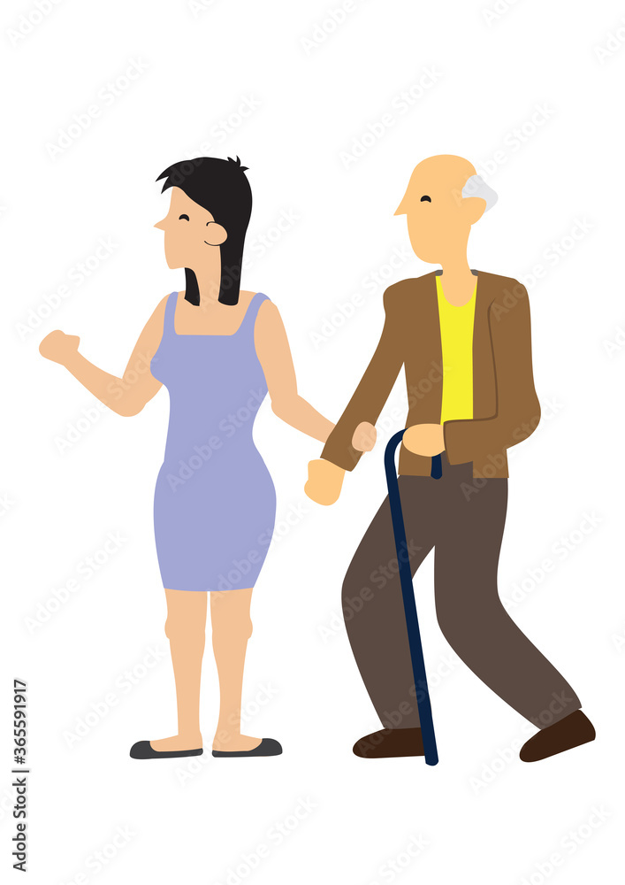 Pleasant caring woman helping an old man walking. Concept of a caring society.