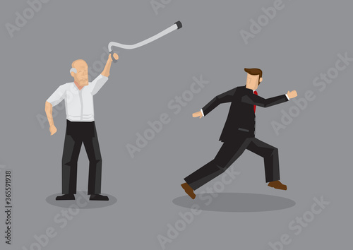 Old Man Using Walking Stick to Chase Away Businessman Vector Illustration