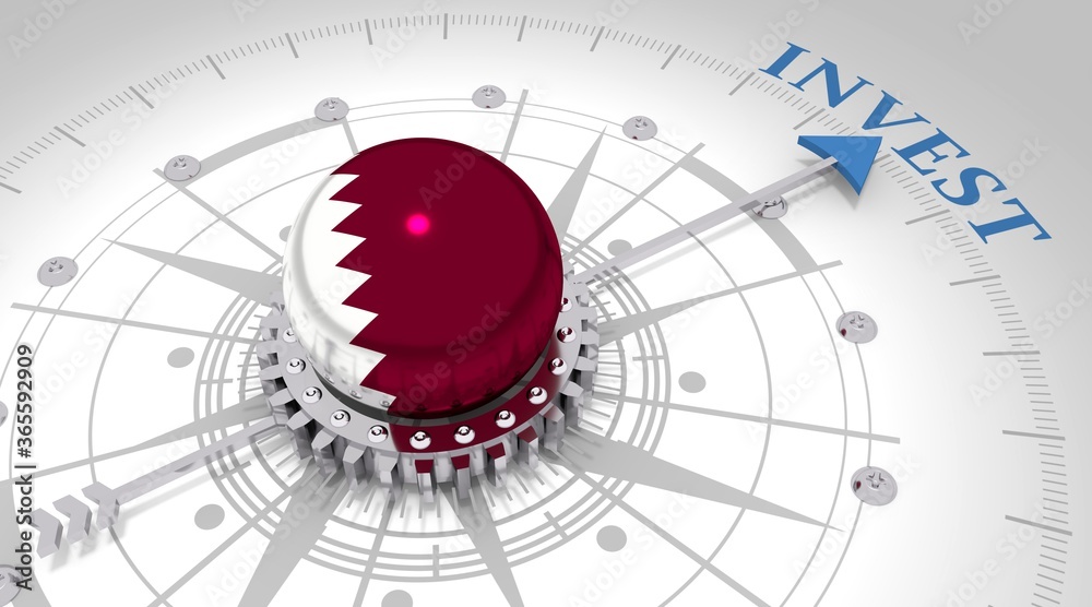 Business concept. Abstract compass points to the invest word. Flag of the Qatar. 3D rendering Business concept. Abstract compass points to the invest word. Flag of the Qatar. 3D rendering