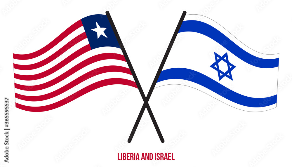 Liberia and Israel Flags Crossed And Waving Flat Style. Official Proportion. Correct Colors.