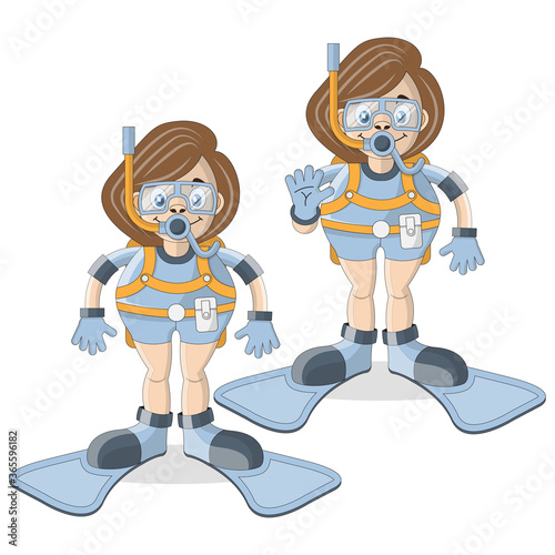 Set of girls divers. Isolated on white background. Vector illustration.