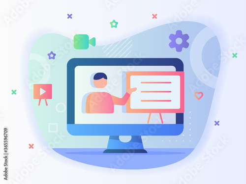 Teacher presentation course material via video on computer screen digital course concept with flat style.