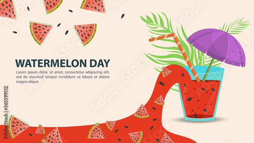 A glass from which watermelon juice is poured with cut slices of berries an event label with space for text for the design of business cards backgrounds and websites photo