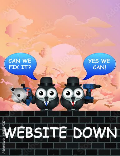 Comical website down with bird IT engineers perched on a brick wall ready to fix the problem with power tools set against a stunning dawn sky background