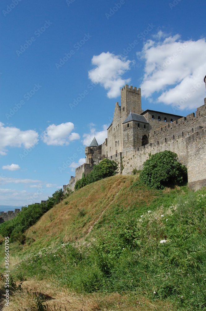 Carcassonne castle side view, Carcassonne Provence, France, side view of the castle from the side of the hill in a sunny day in Provence. Middle age castle UNESCO.