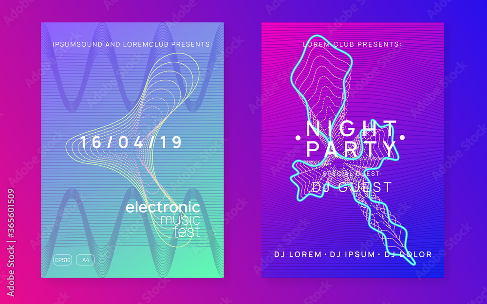 Neon edm flyer. Electro trance music. Techno dj party. Electronic sound event. Club dance poster.