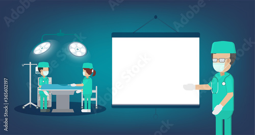 Surgeon team in surgery room with blank projector flat design vector illustration