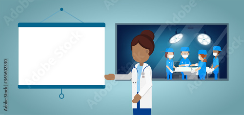 Surgeon team in surgery room with blank projector flat design vector illustration