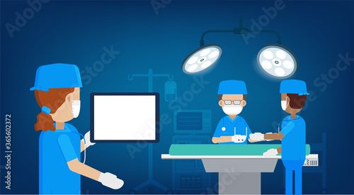 Surgeon in surgery room with blank tablet flat design vector illustration