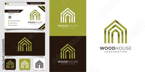 Wooden house logo and business card design template, modern, wood, house, home, construction, building Premium Vector