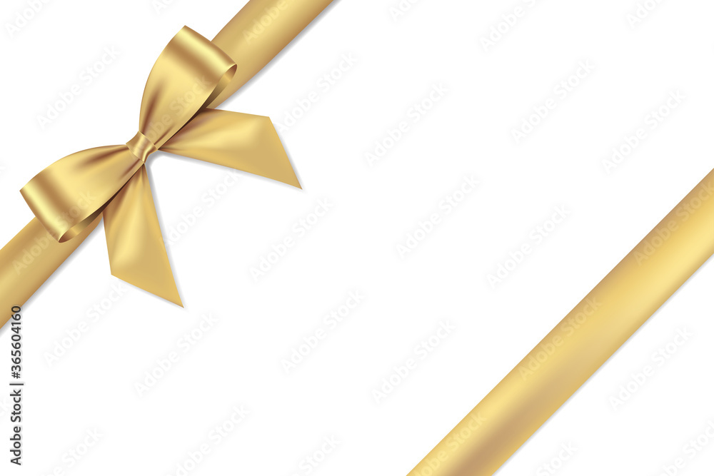 Golden bow realistic shiny satin and ribbon place on corner of paper with shadow vector EPS10 isolated on white background