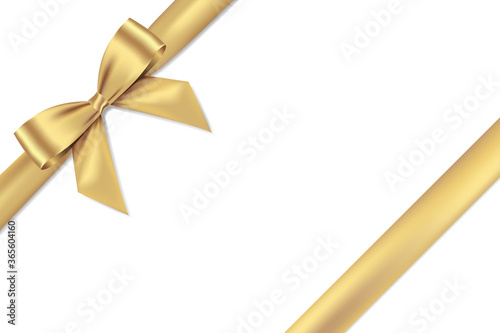 Golden bow realistic shiny satin and ribbon place on corner of paper with shadow vector EPS10 isolated on white background