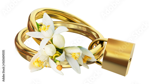 rings padlock  golden marriage counselor together for ever - 3d rendering photo