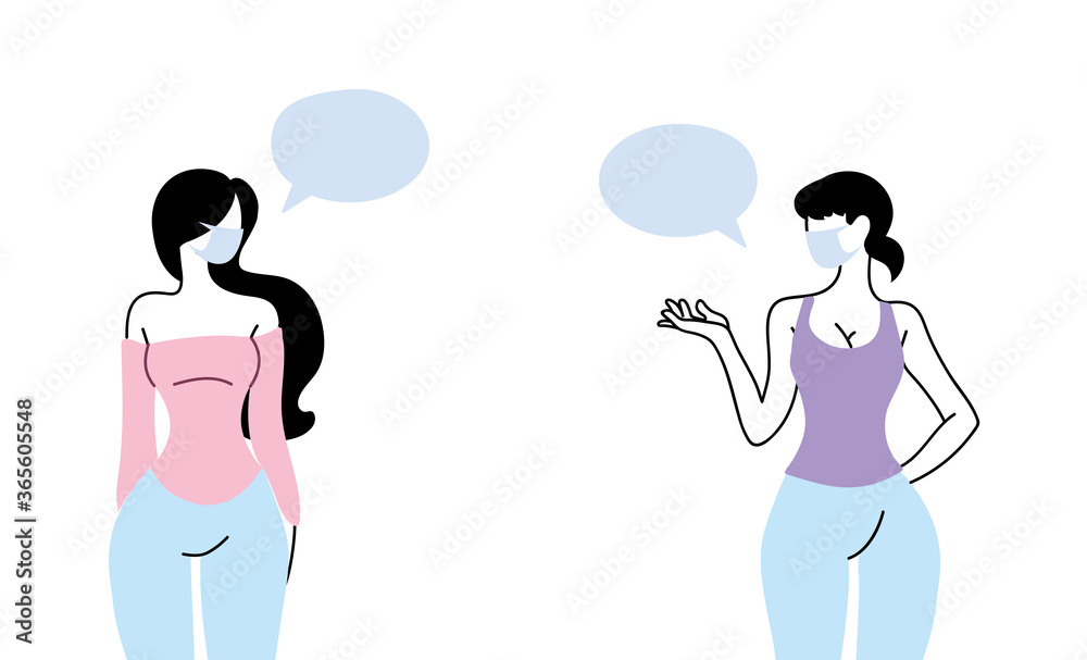 women with mask talking by bubble women with mask talking by bubble