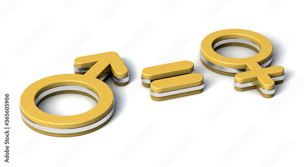 Male and female Equality Concept. Gender gold symbols with equal sign. 3d Illustration. Male and female Equality Concept. Gender gold symbols with equal sign. 3d Illustration.