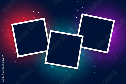 three photo frames with glowing light effect background