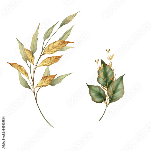 Composition of green and gold leaves. Isolated on white