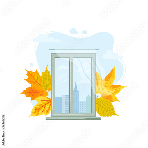 City view window with fallen leaves. Autumn and fall concept. Vector illustration. Flat style design.