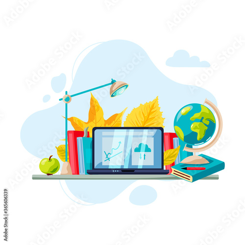 Laptop with books, globe, apple, fallen leaves. Welcome back to school concept. E-learning concept. Flat cartoon style design. Place for text on computer monitor. Vector illustration.