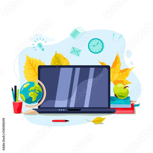 Laptop with books, globe, apple, pens, fallen leaves. Welcome back to school concept. E-learning concept. Flat cartoon style design. Place for text on computer monitor. Vector illustration.