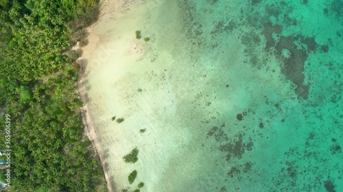 Wallpaper Mural Aerial view of sea coastline with emerald water, waves, sandy beach and palm trees. Drone flying over seacoast with shallow blue water. Palawan, Philippines Torontodigital.ca