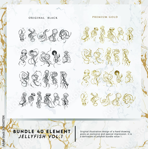 40 bundle jellyfish hand drawing premium design with original black and premium gold