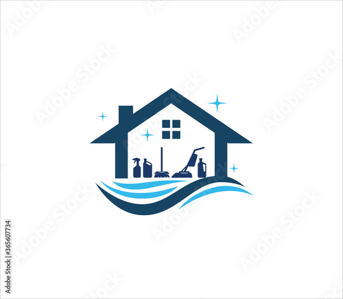 vacuum cleaner, mop, and sprayer inside a house vector logo design for housekeeping and cleaning service