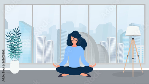 Girl with glasses meditates in the office. The concept of relaxation, meditation, yoga and rest from work. Vector.