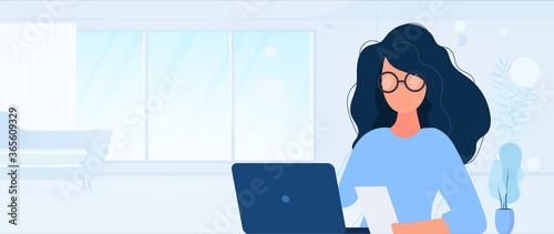 The girl works on a laptop. A woman is sitting at a table in her office. Office, sofa, bookshelf, business man, floor lamp. Office work concept. Banner with place for text. Vector.