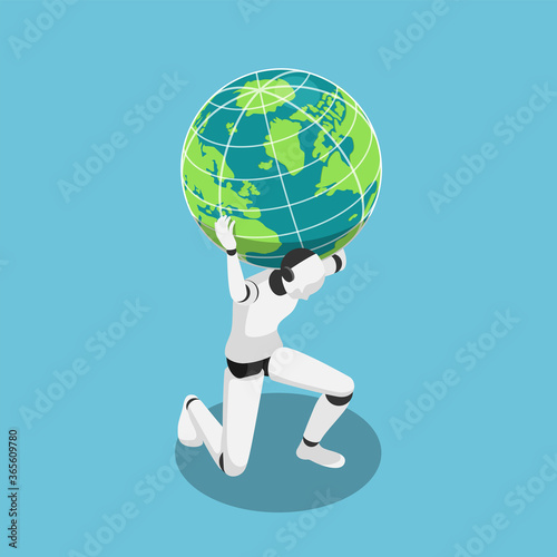 Isometric Ai robot carrying the world on shoulder