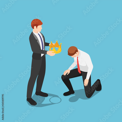 Isometric boss giving  golden crown to kneeling businessman