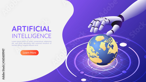 Isometric web banner Ai robotic hand control the world
