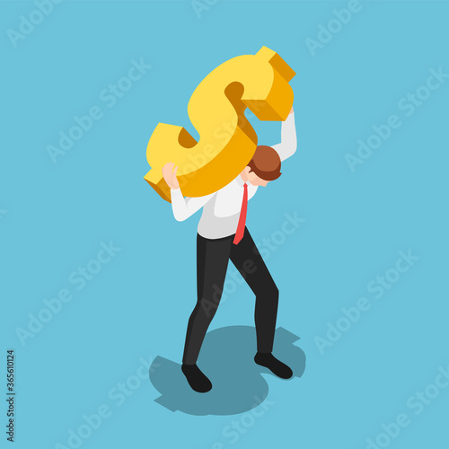 Isometric businessman carrying golden dollar sign