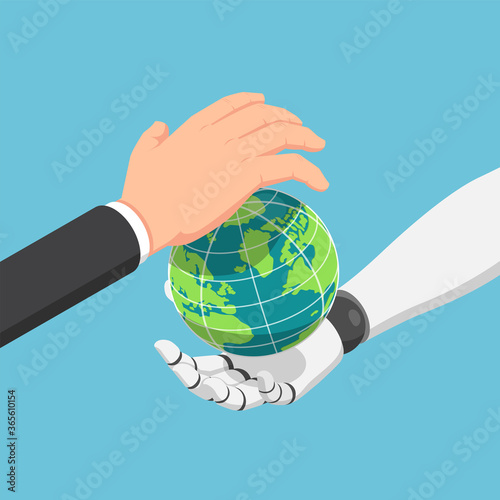 Isometric businessman and ai robot hand protecting the world together