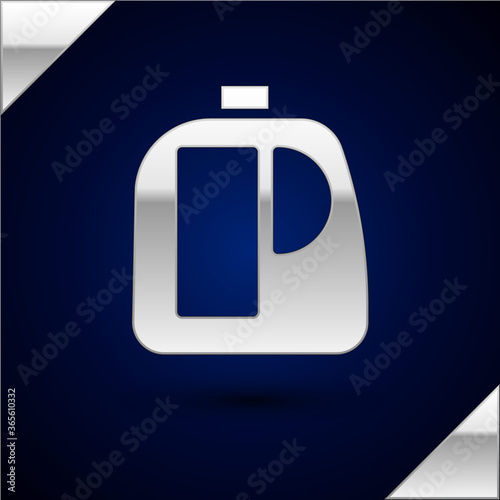 Silver Plastic bottles for laundry detergent, bleach, dishwashing liquid or another cleaning agent icon isolated on dark blue background. Vector Illustration.