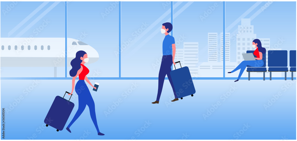 People wearing face mask and keep distancing, travelling aboard at the airport vector illustration. Covid-19 prevention disease outbreak concept background