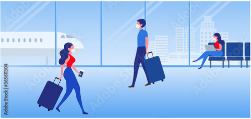 People wearing face mask and keep distancing, travelling aboard at the airport vector illustration. Covid-19 prevention disease outbreak concept background