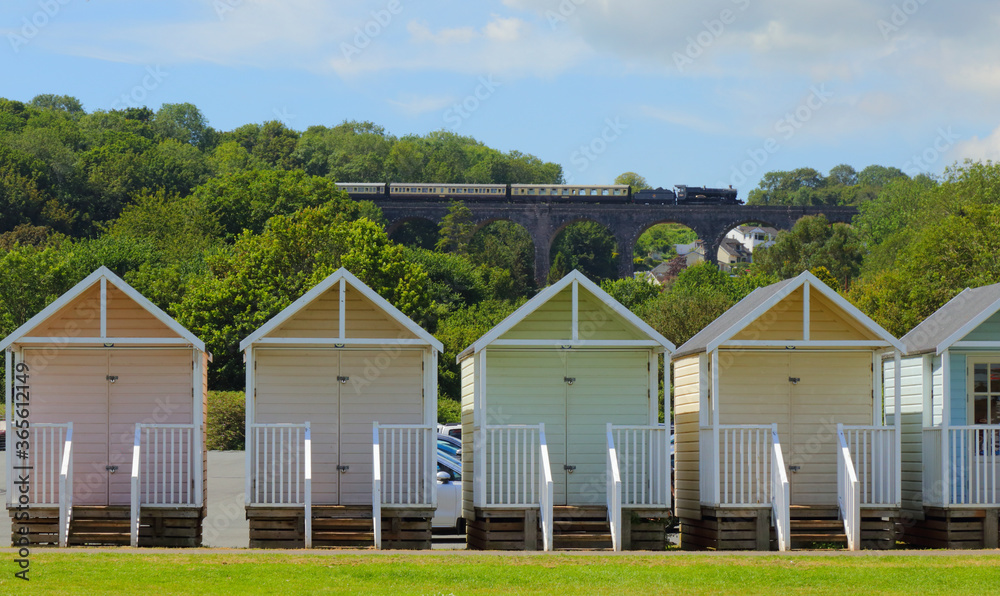 Beach huts near Broadsands Beach in Devon, UK Beach huts near Broadsands Beach in Devon, UK