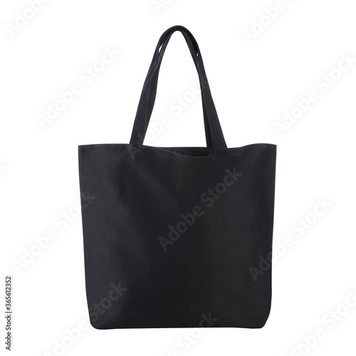 Blank tote bag mock up, isolated on white background, Front view. Empty black cotton tote bag template for shopping. Clear canvas tote bag for grocery. Reusable eco hand bag for branding. Studio Shot